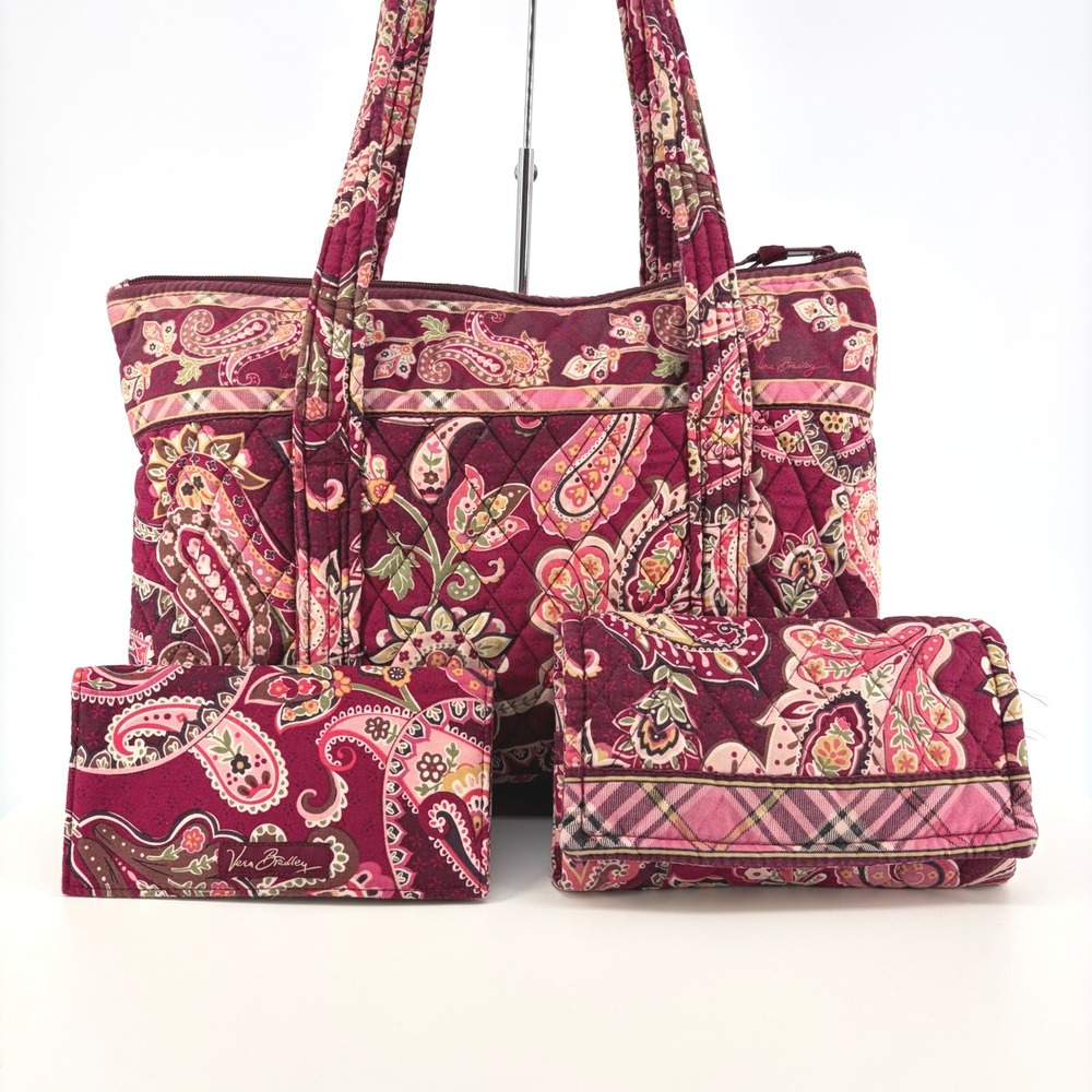 Vera Bradley Tote Bag Crossbody Wallet Checkbook Set Burgundy Paisley Boho
